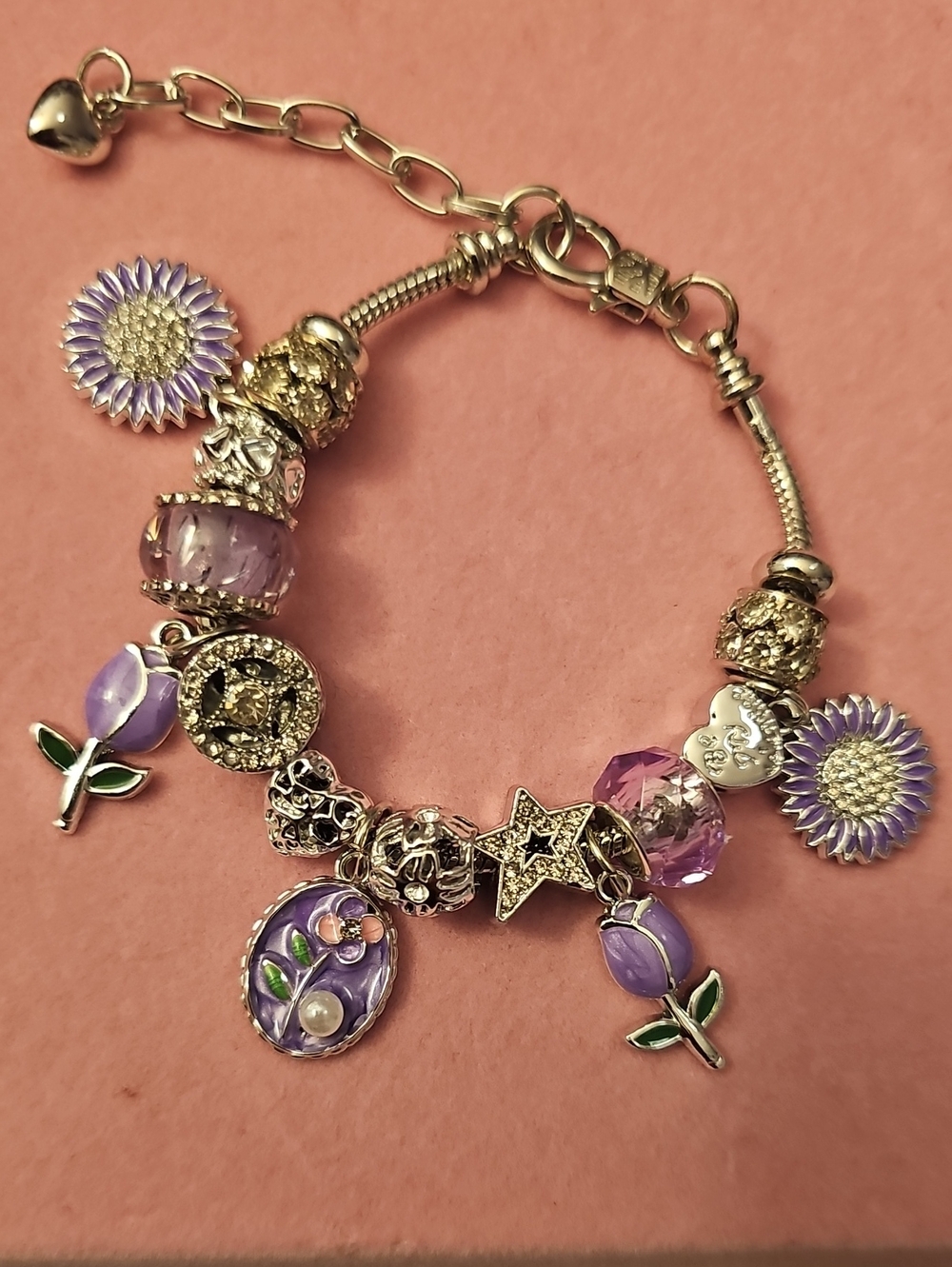 Purple Floral Charm Bracelet - Silver Tone